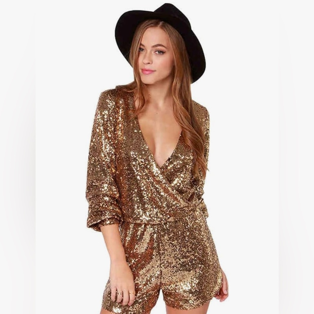 Midnight Doll Gold Sequin Surplice half sleeve romper